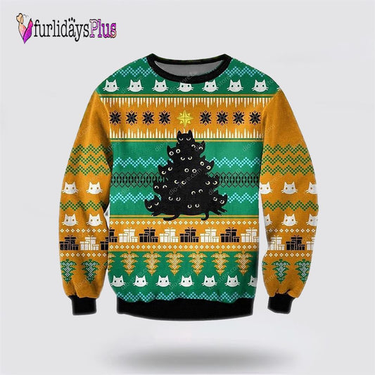 Black Cat Tree Meowy Ugly Christmas Orange Sweater, Cat Lover Christmas Sweater