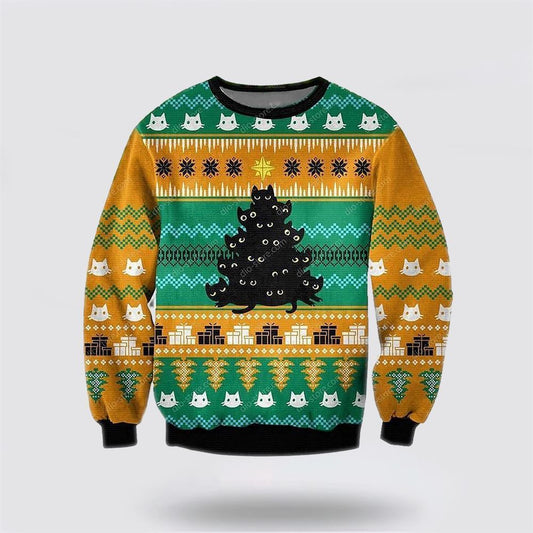 Black Cat Tree Meowy Ugly Christmas Orange Ugly Christmas Sweater, Christmas Sweater For Cat Lover