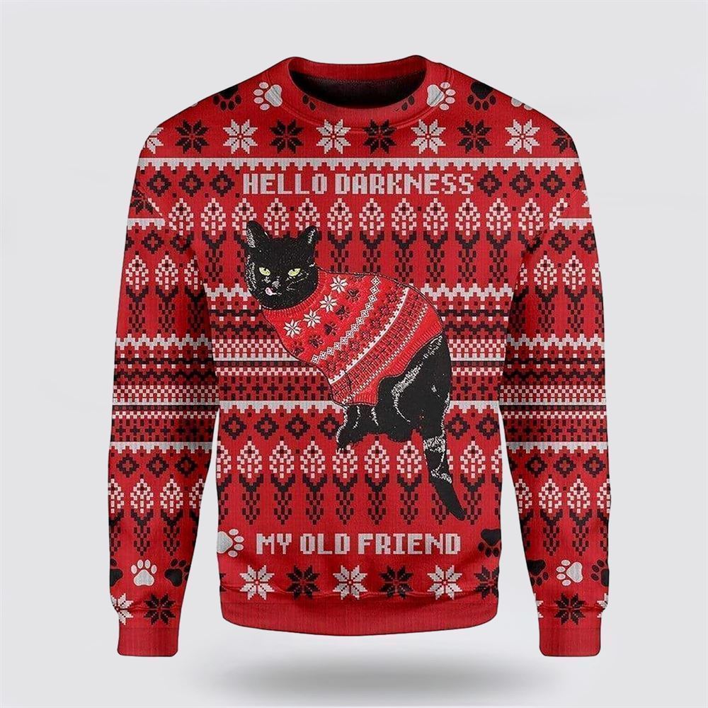 Black Cat Wear Red  Ugly Christmas Sweater, Christmas Sweater For Cat Lover