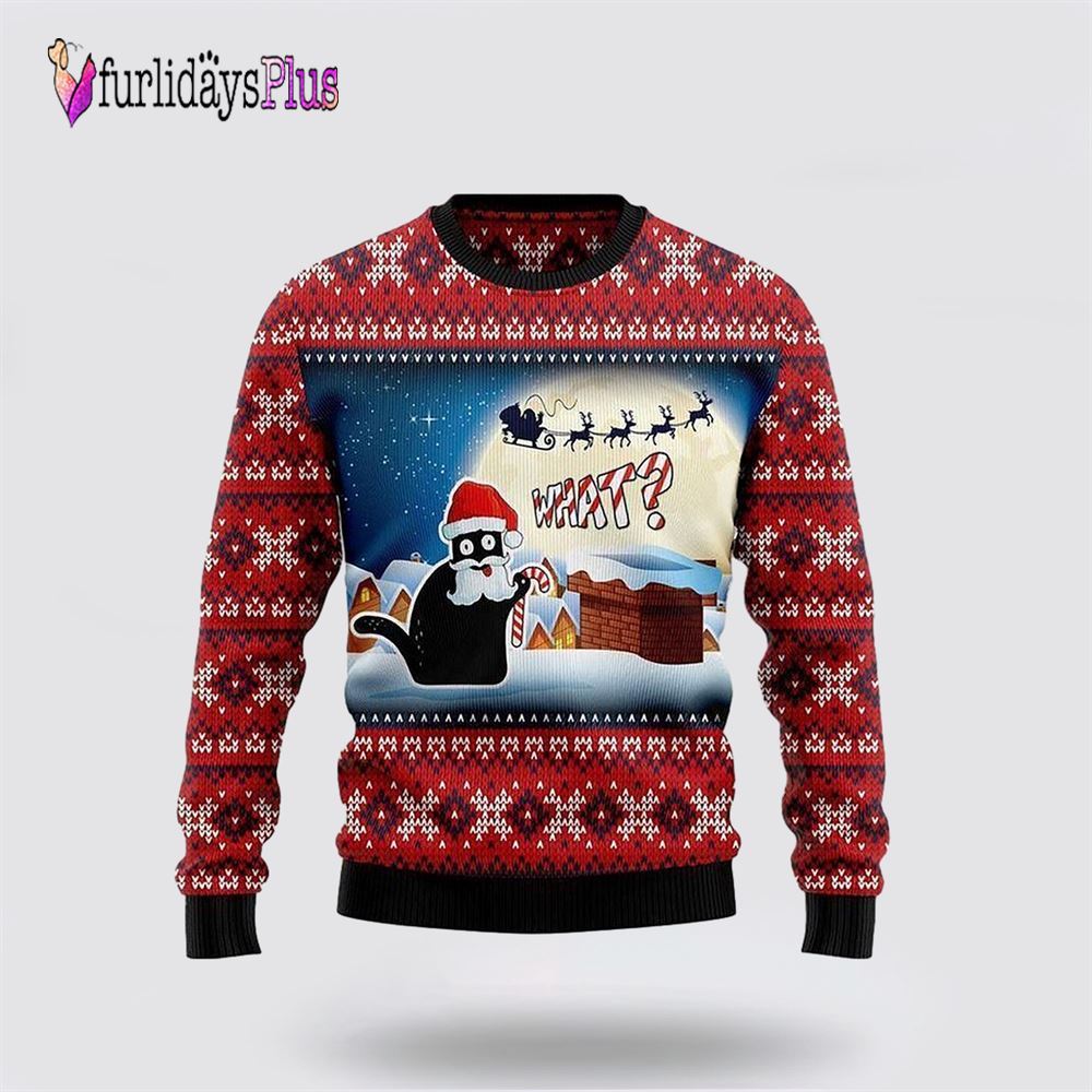 Black Cat What Chimney Ugly Christmas Sweater, Cat Lover Christmas Sweater