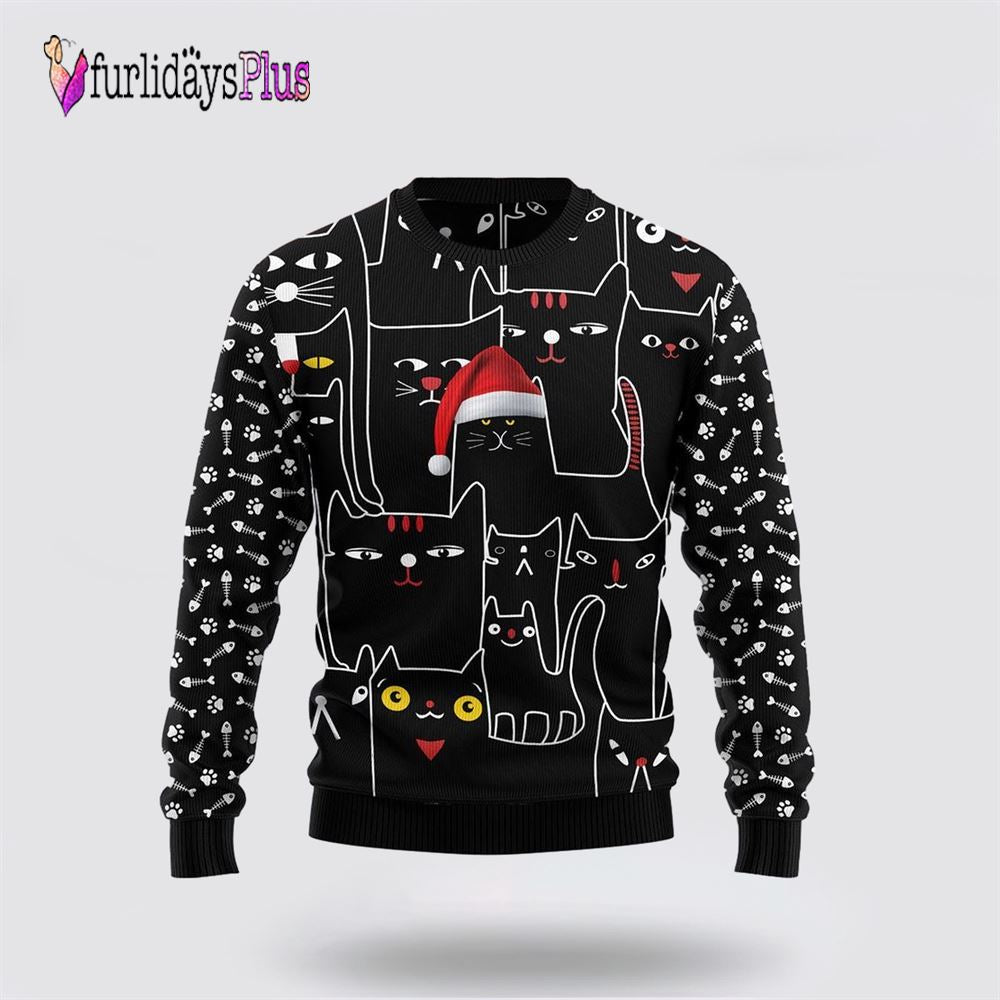 Black Cat With Noel Hat Ugly Christmas Sweater, Cat Lover Christmas Sweater