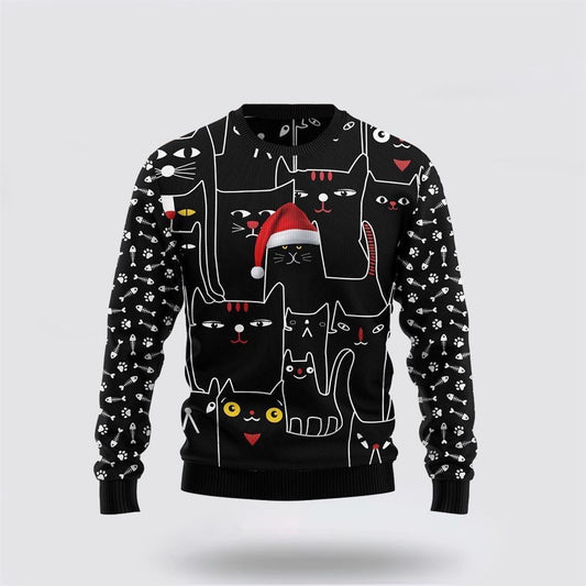 Black Cat With Noel Hat Ugly Christmas Sweater, Christmas Sweater For Cat Lover