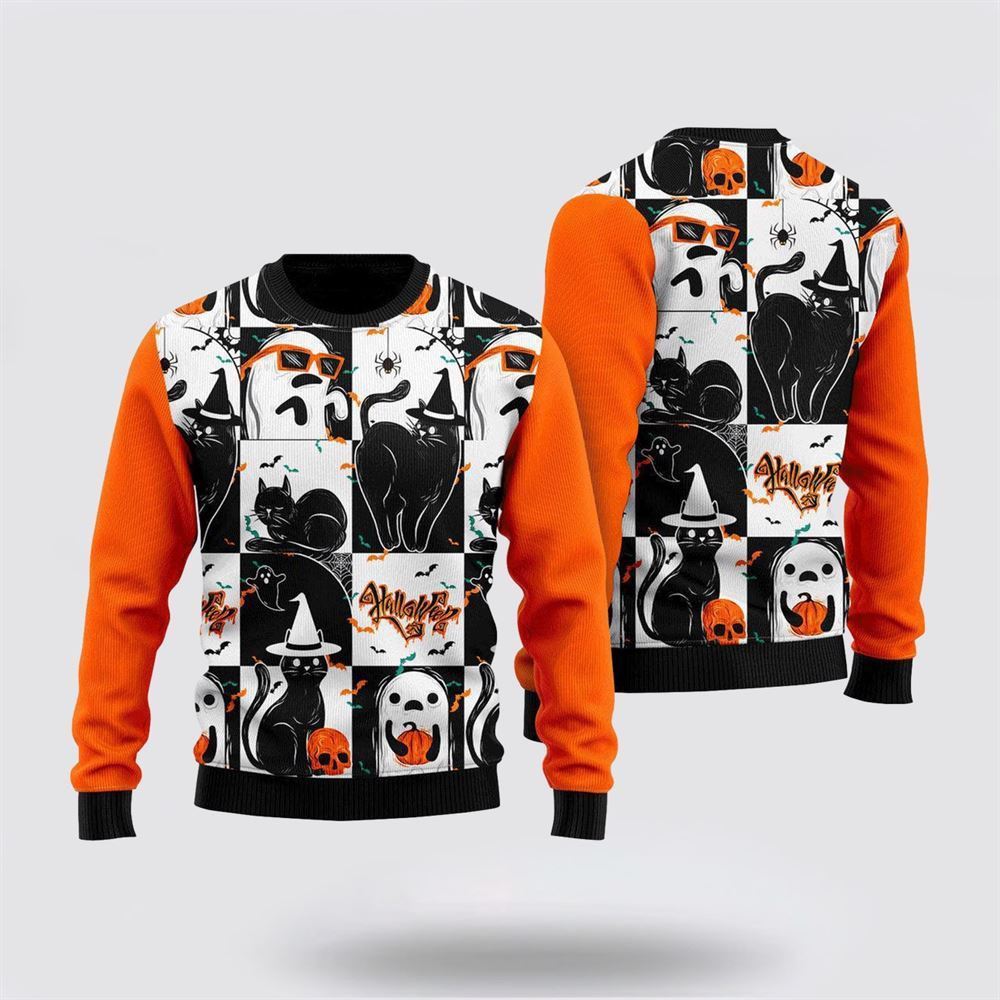 Black Cat and Ghost Halloween Ugly Christmas Sweater, Christmas Sweater For Cat Lover