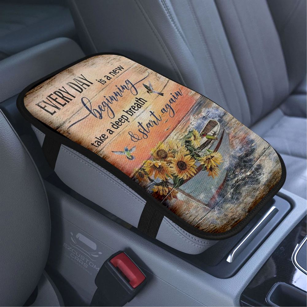 Boat And Sunflower Pretty Sunset Every Day Is A New Beginning Car Center Console Cover, Bible Verse Car Armrest Cover