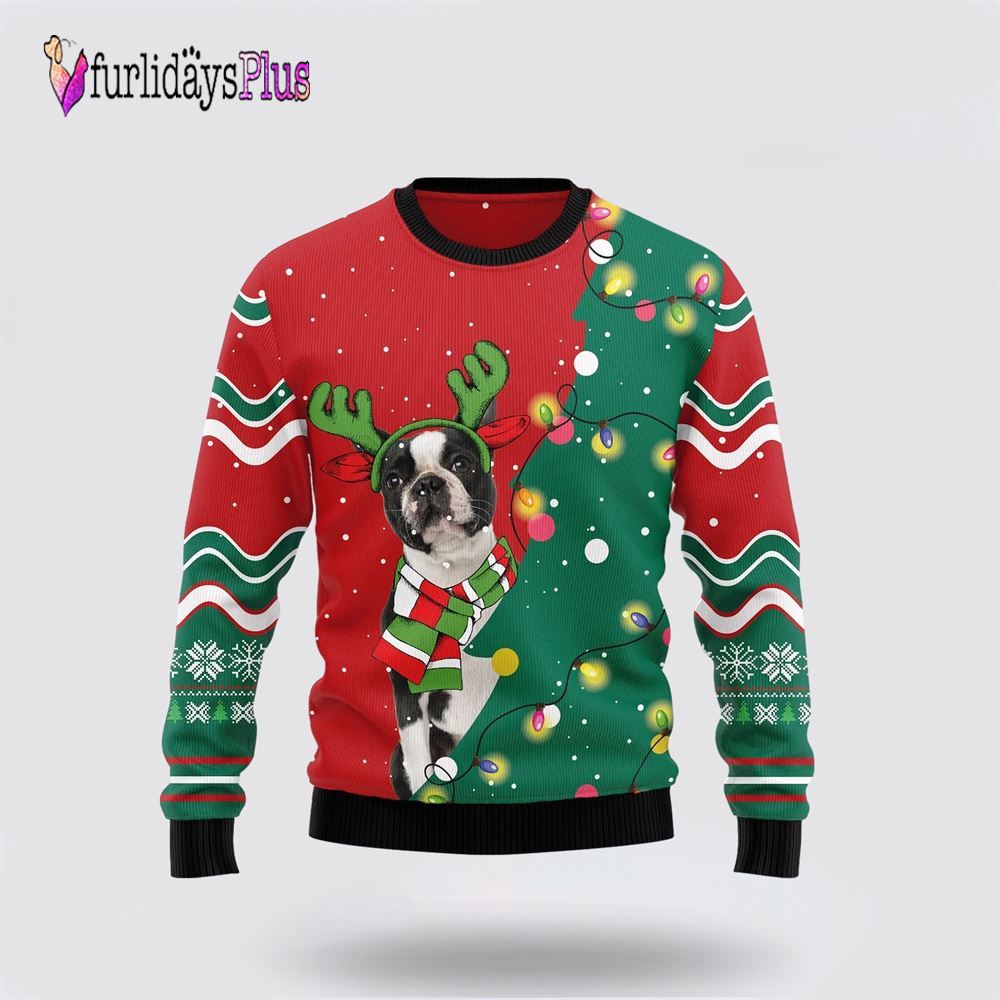 Boston Terrier Christmas Tree Ugly Sweater, Dog Lover Christmas Sweater