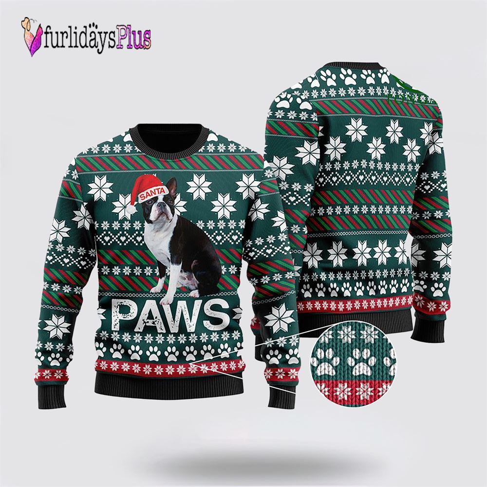 Boston Terrier Santa Printed Christmas Ugly Sweater, Dog Lover Christmas Sweater