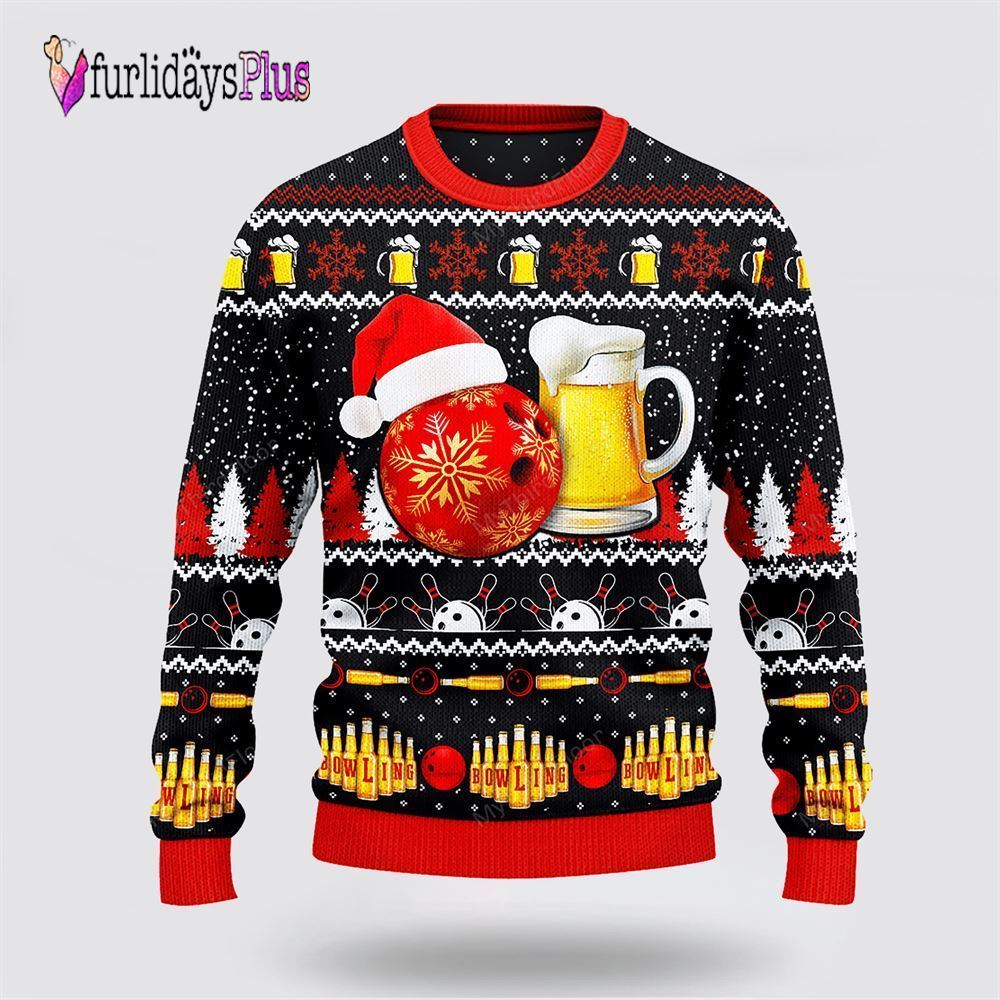 Bowling And Beer Lovers Gift Ugly Christmas Sweater, Gift For Bowling Enthusiasts