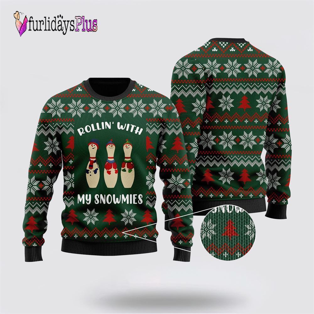 Bowling Rollin With My Snowmies Noel Pattern Ugly Christmas Sweater, Gift For Bowling Enthusiasts