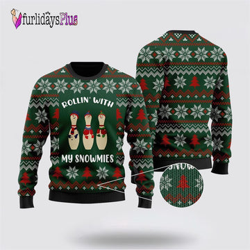 Bowling Rollin With My Snowmies Noel Pattern Ugly Christmas Sweater, Gift For Bowling Enthusiasts