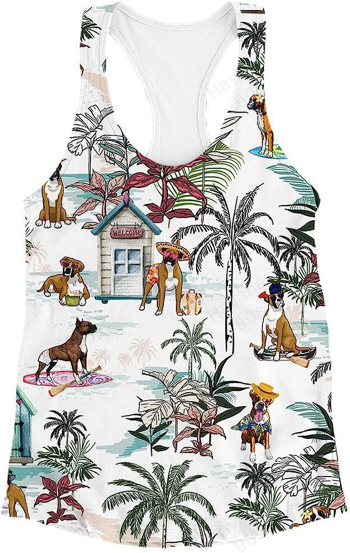 Boxer Dog Hawai Beach Floral Tank Top - Summer Casual Tank Tops For Women - Gift For Young Adults