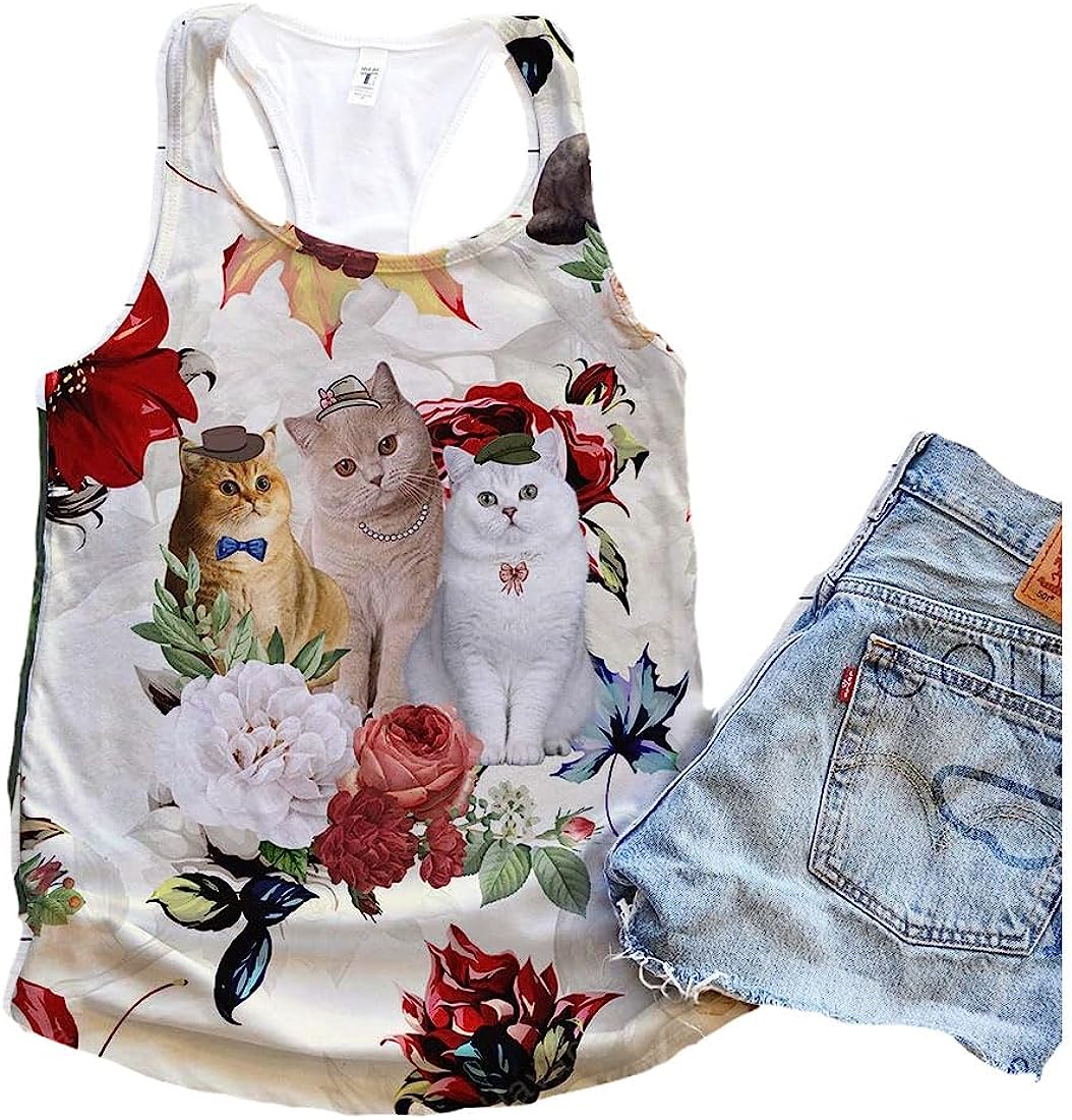 British Shorthair Cat Flower Autumn Tank Top - Summer Casual Tank Tops For Women - Gift For Young Adults