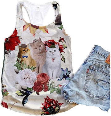 British Shorthair Cat Flower Autumn Tank Top - Summer Casual Tank Tops For Women - Gift For Young Adults