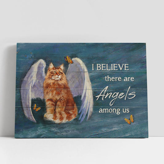 Brown Cat Angel Wings I Believe There Are Angels Among Us Canvas Wall Art, Bible Verse Canvas, Religious Prints