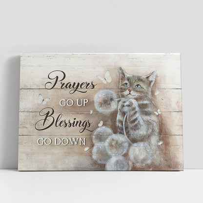 Brown Cat Dandelion Field Prayers Go Up Blessings Go Down Canvas Wall Art, Bible Verse Canvas, Religious Prints