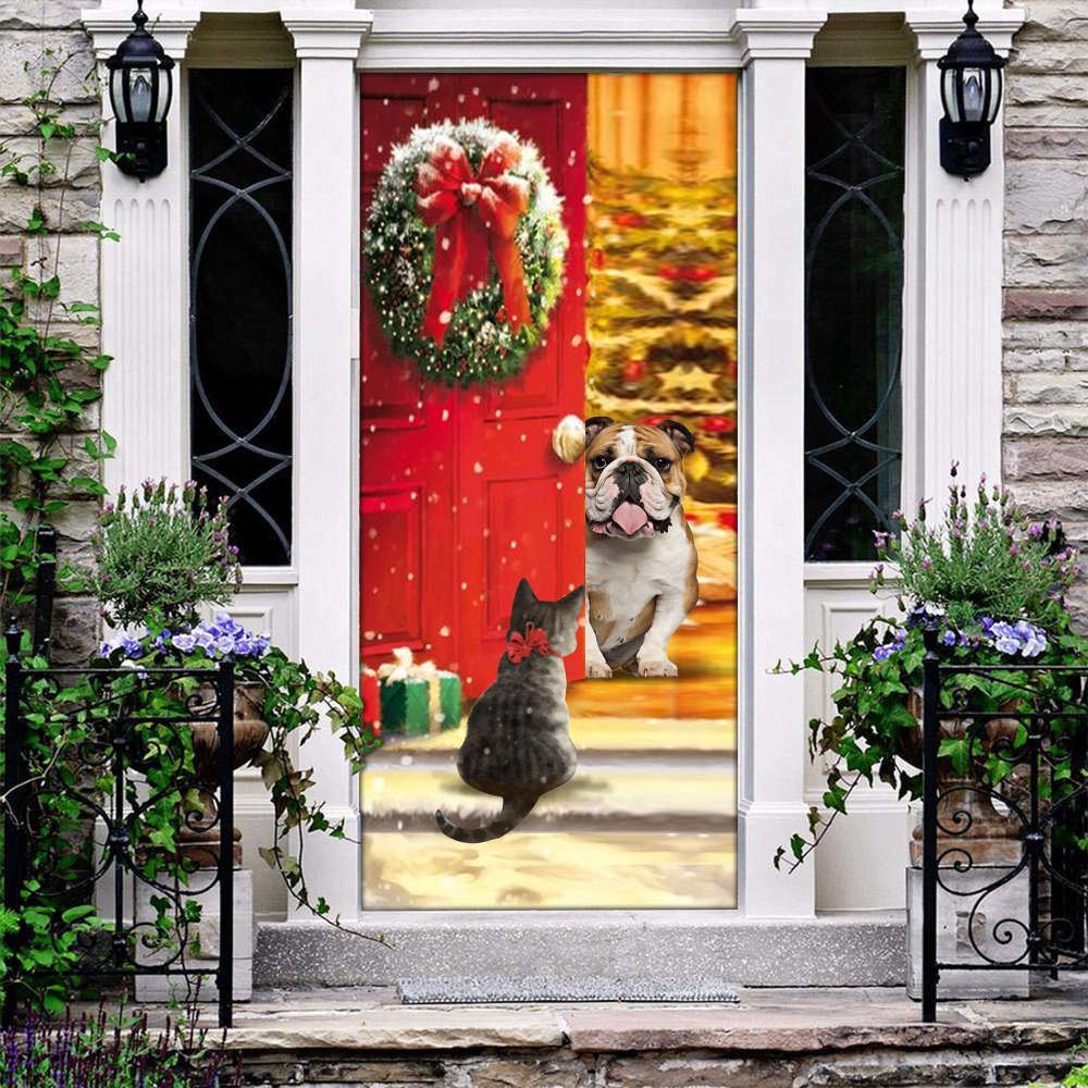 Bulldog Cat Christmas Gift Door Cover Festive Pet Décor for Holiday Celebrations