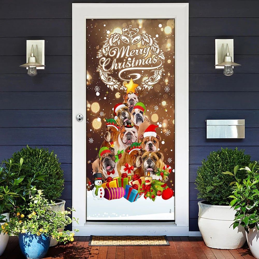 Bulldog Christmas Tree Door Cover, Merry Christmas, Front Door Christmas Cover