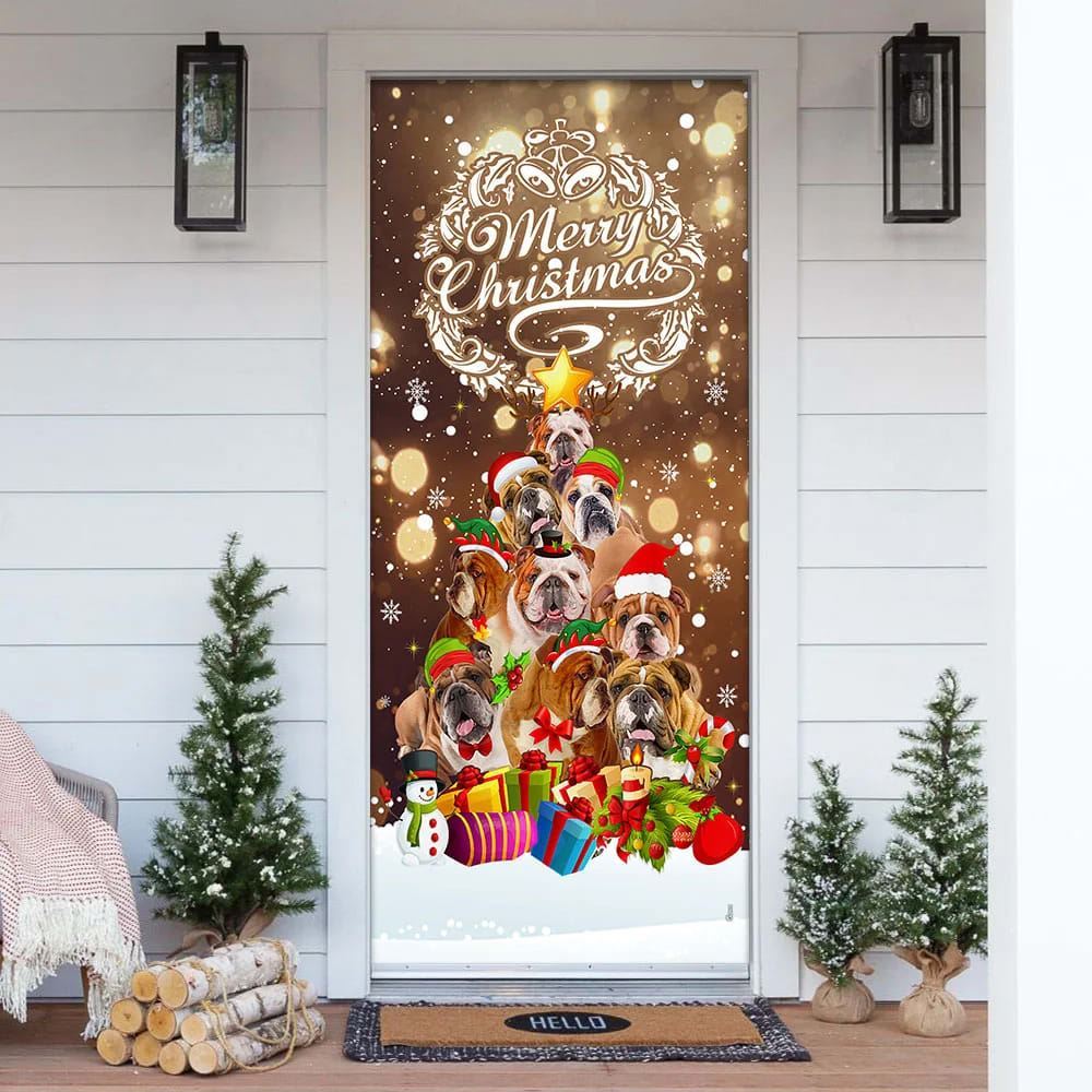 Bulldog Christmas Tree Door Cover, Merry Christmas, Front Door Christmas Cover