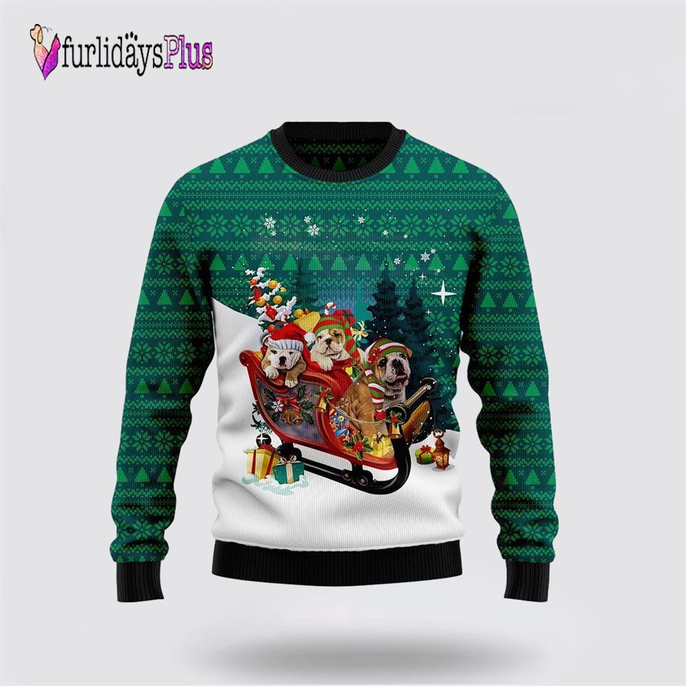 Bulldog Sleigh Ugly Christmas Sweater, Dog Lover Christmas Sweater