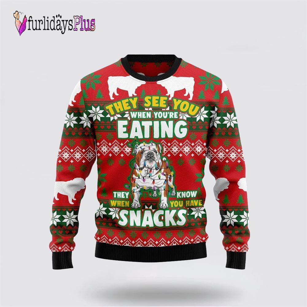 Bulldog Snacks Ugly Christmas Sweater, Dog Lover Christmas Sweater