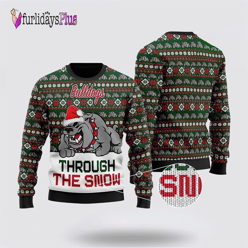 Bulldogs Through The Snow Christmas Ugly Sweater, Dog Lover Christmas Sweater