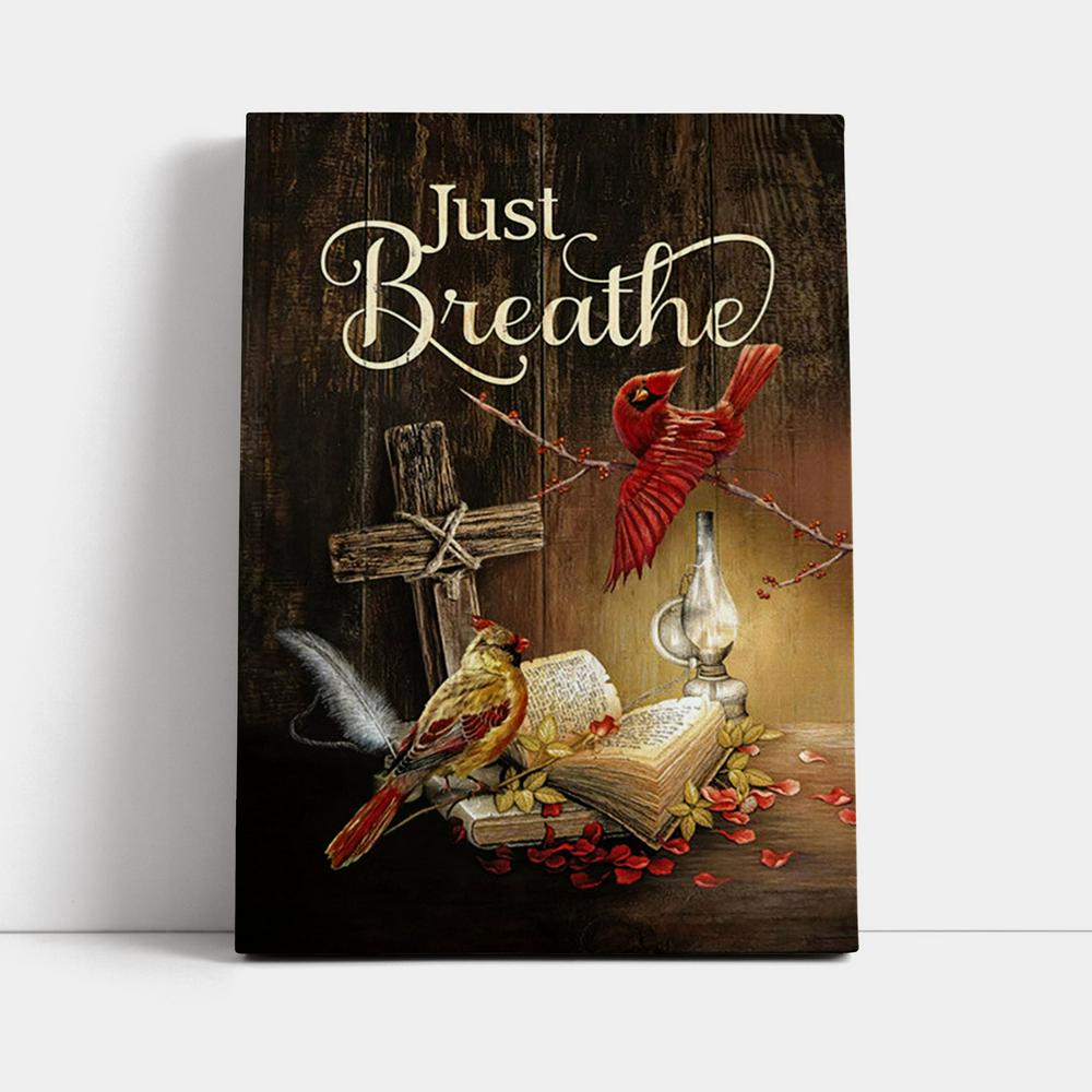 Cardinal Vintage Lantern Bible - Just Breathe Canvas Wall Art - Christian Canvas Prints - Bible Verse Canvas Art