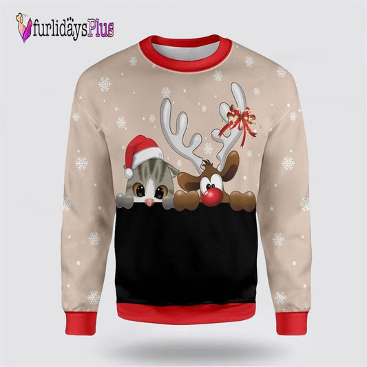 Cat And Reindeer Ugly Christmas Sweater, Cat Lover Christmas Sweater