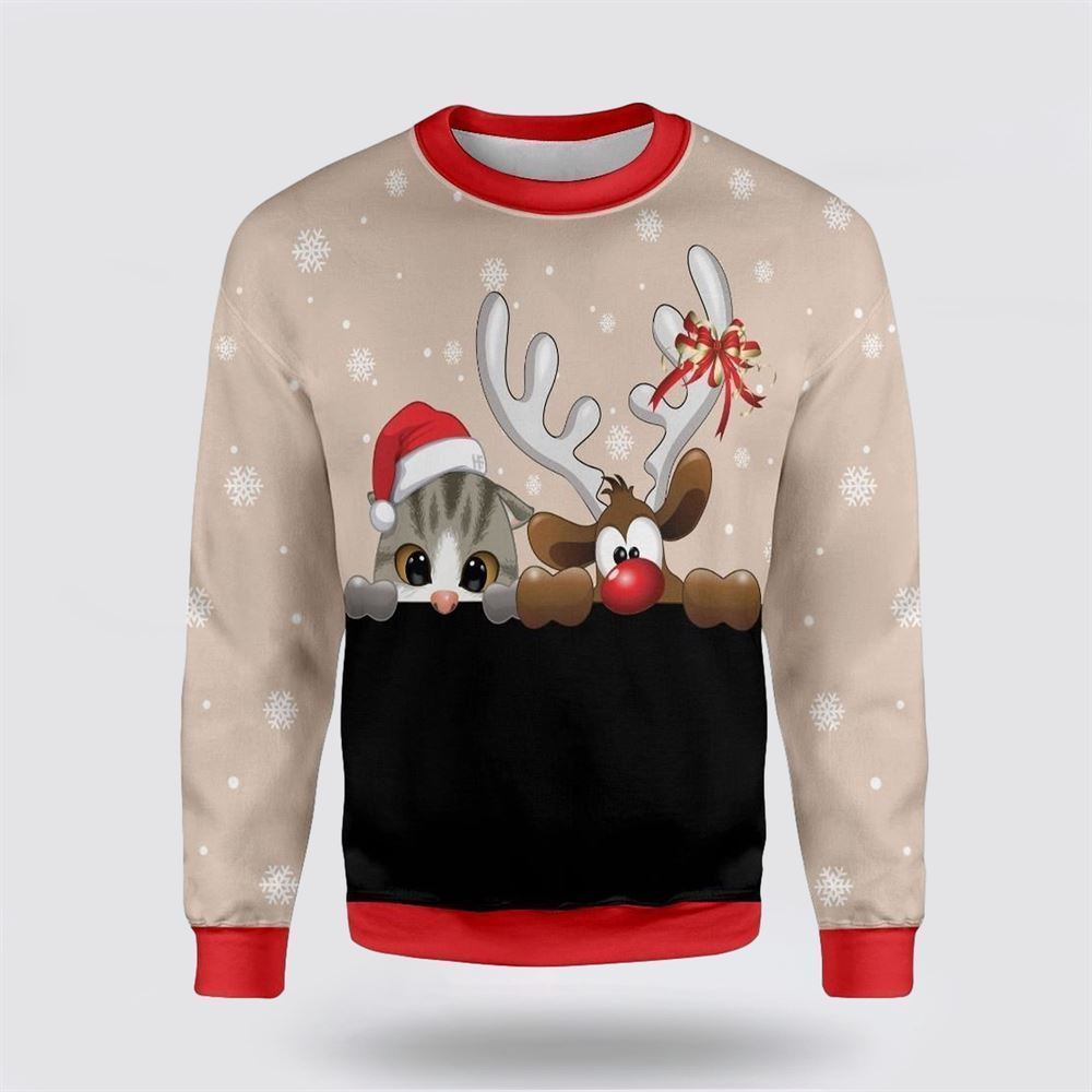 Cat And Reindeer Ugly Christmas Sweater, Christmas Sweater For Cat Lover