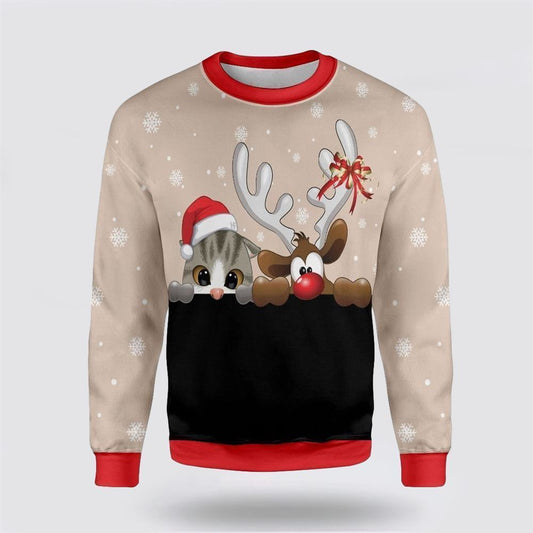 Cat And Reindeer Ugly Christmas Sweater, Christmas Sweater For Cat Lover