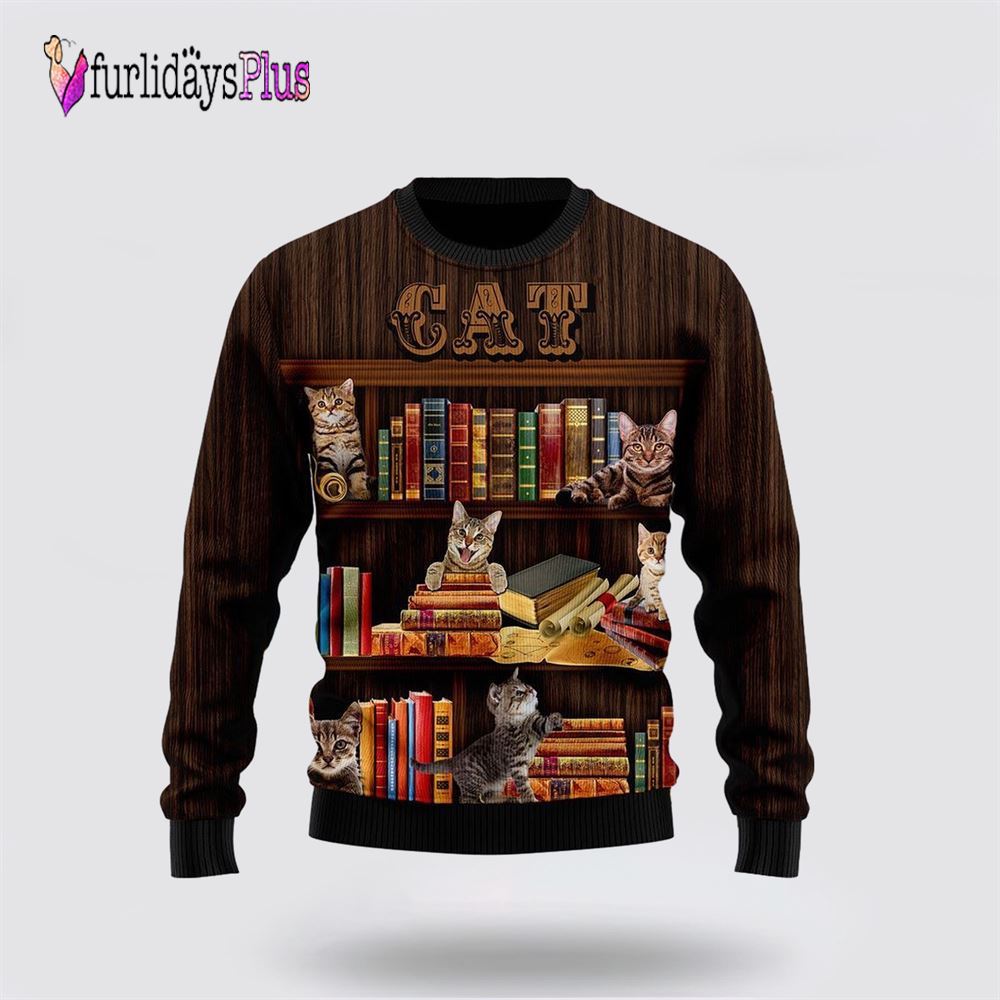 Cat Bookcase Ugly Christmas Sweater, Cat Lover Christmas Sweater