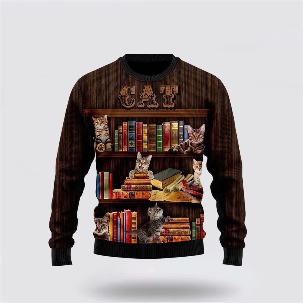 Cat Bookcase Ugly Christmas Sweater, Christmas Sweater For Cat Lover