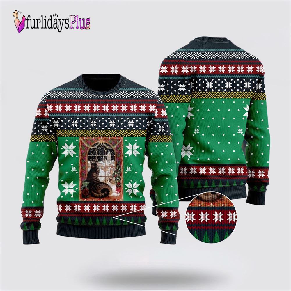 Cat Christmas Snow Window Ugly Christmas Sweater, Cat Lover Christmas Sweater