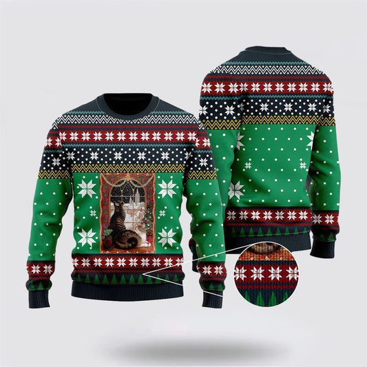 Cat Christmas Snow Window Ugly Christmas Sweater, Christmas Sweater For Cat Lover