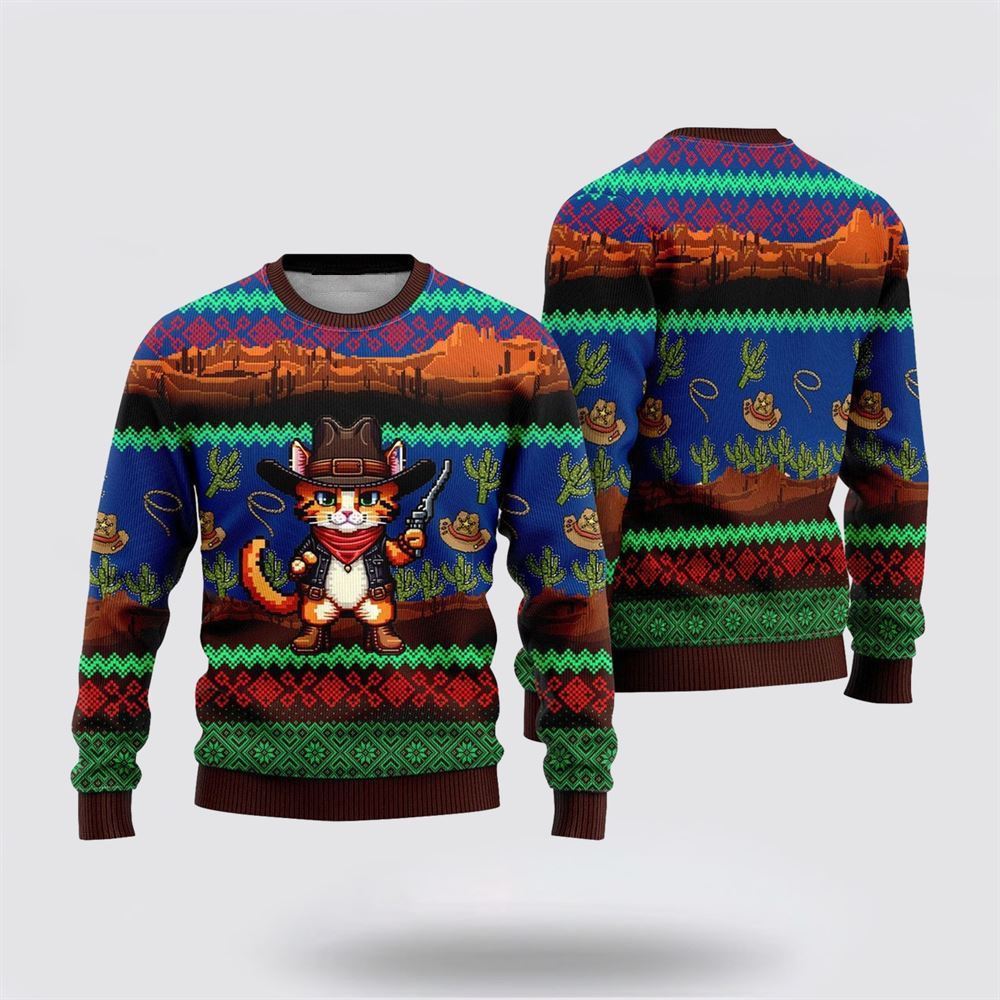 Cat Cowboy Cactus Ugly Christmas Sweater, Christmas Sweater For Cat Lover