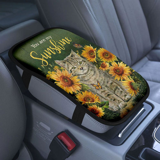 Cat Painting Purple Flower Garden Peace Car Center Console Cover, Christian Armrest Pad Cover, Bible Verse Car Accessory