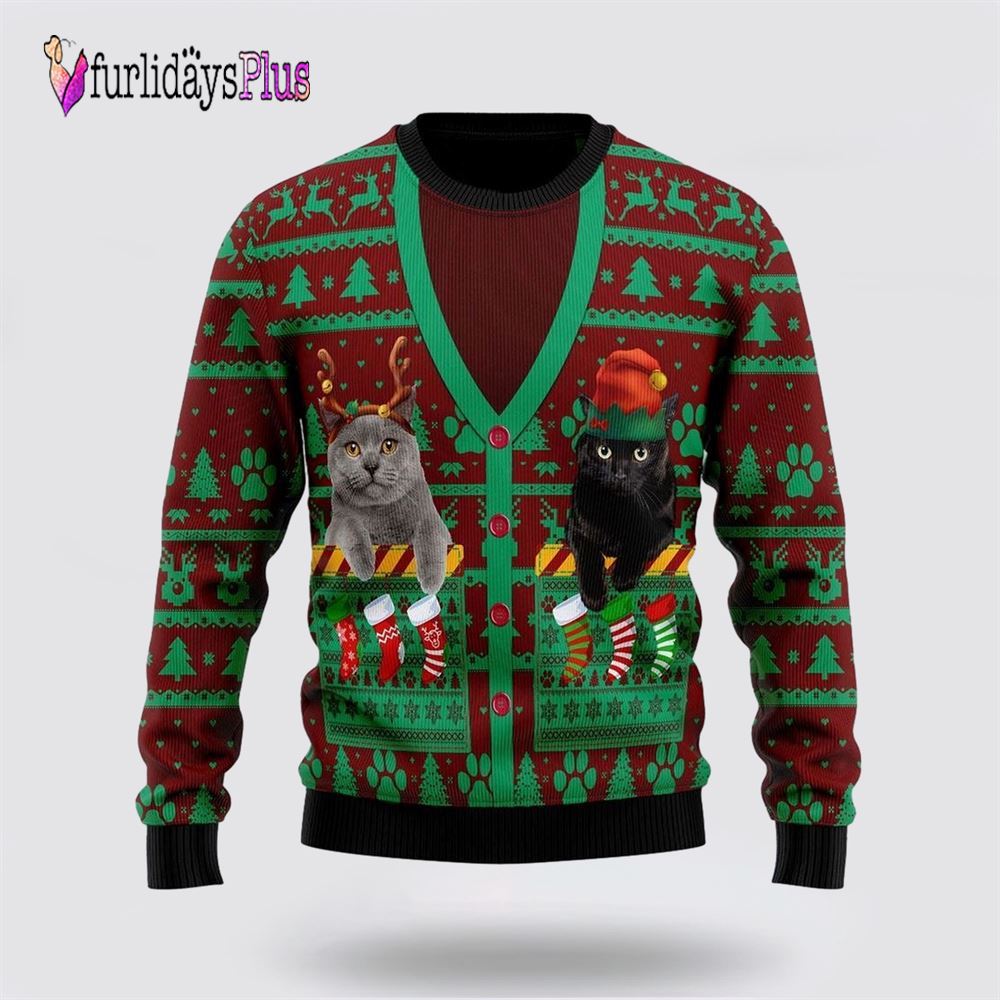 Cat Pocket Xmas Ugly Christmas Sweater, Cat Lover Christmas Sweater