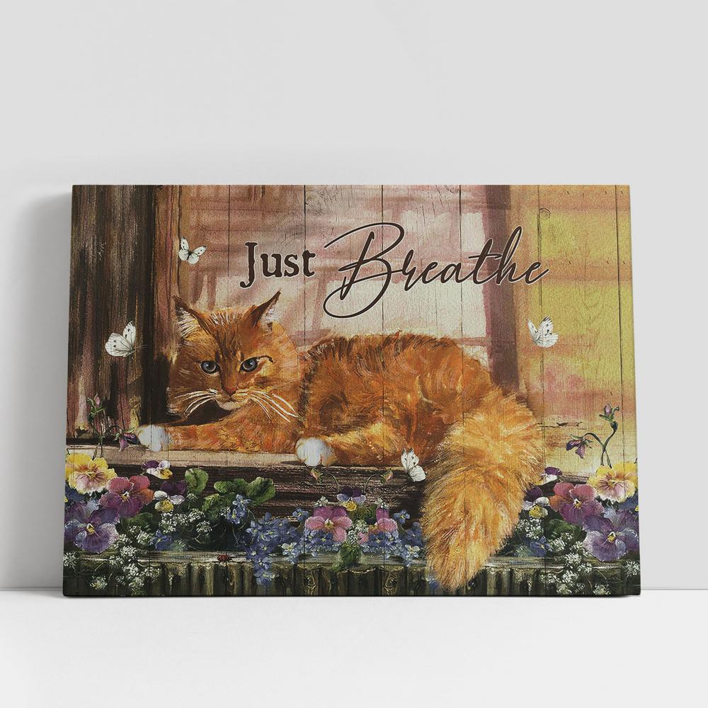 Cat Purple Flower Just Breathe Canvas Wall Art, Bible Verse Canvas, Religious Prints