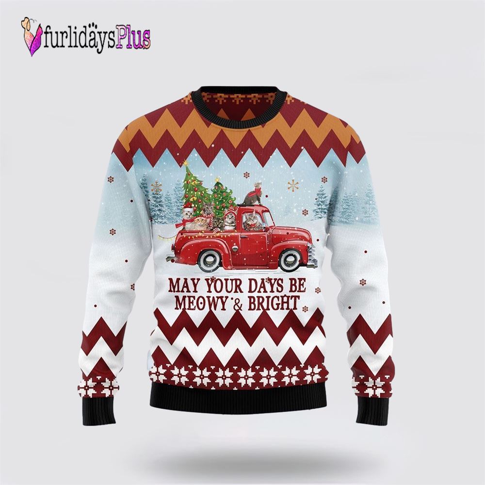 Cat Red Truck Ugly Christmas Sweater, Cat Lover Christmas Sweater