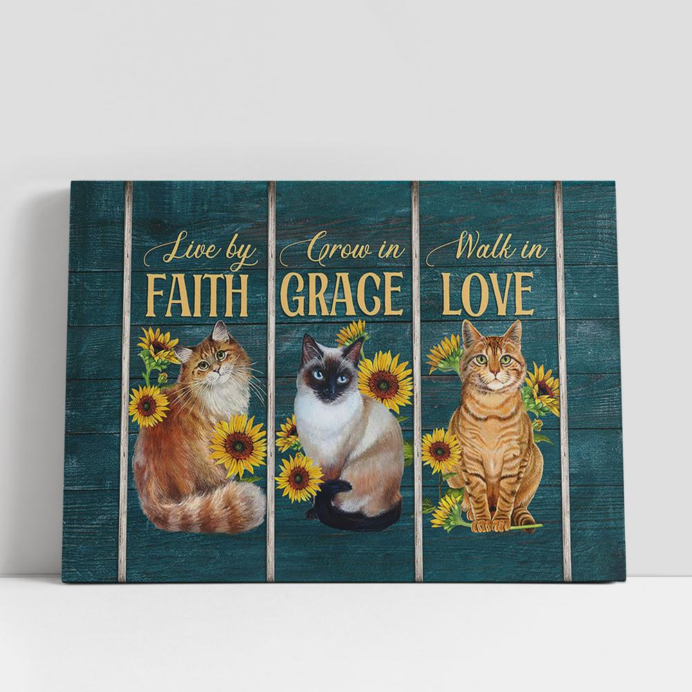 Cat Sunflower Live By Faith Walk In Love Canvas Wall Art, Bible Verse Canvas, Religious Prints