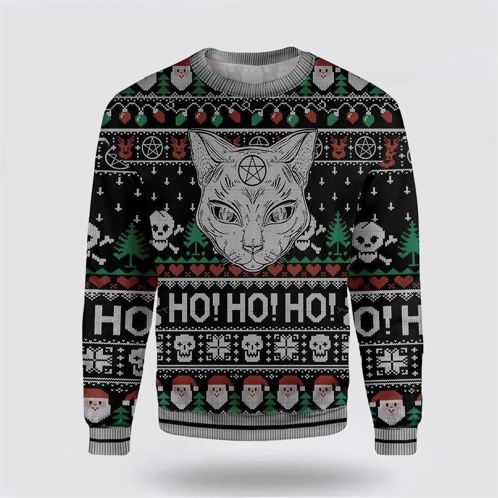 Cat Sweater Wicca Black Cat Ho Ho Ho Christmas Pattern Ugly Christmas Sweater, Christmas Sweater For Cat Lover