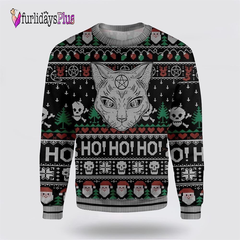 Cat Sweater Wicca Black Cat Ho Ho Ho Christmas Pattern Ugly Sweater, Cat Lover Christmas Sweater