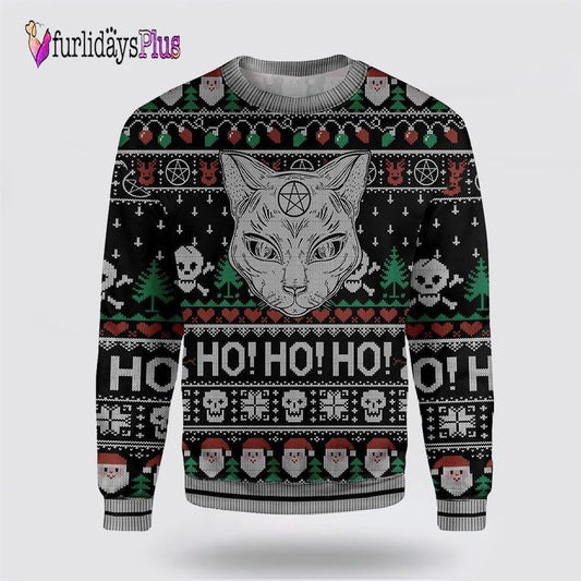 Cat Sweater Wicca Black Cat Ho Ho Ho Christmas Pattern Ugly Sweater, Cat Lover Christmas Sweater