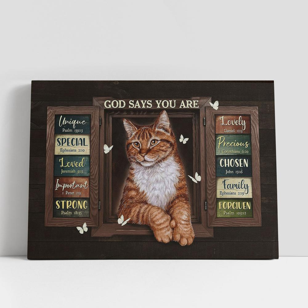 Cat White Butterfly God Says You Are Unique Canvas Wall Art, Bible Verse Canvas, Religious Prints