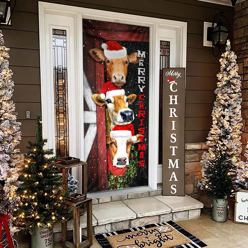 Cattle Cow Merry Christmas Door Cover, Front Door Christmas Cover