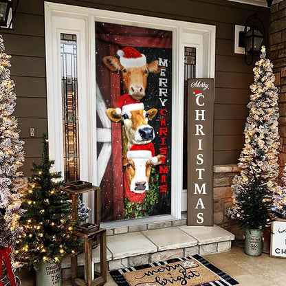 Cattle Cow Merry Christmas Door Cover, Front Door Christmas Cover