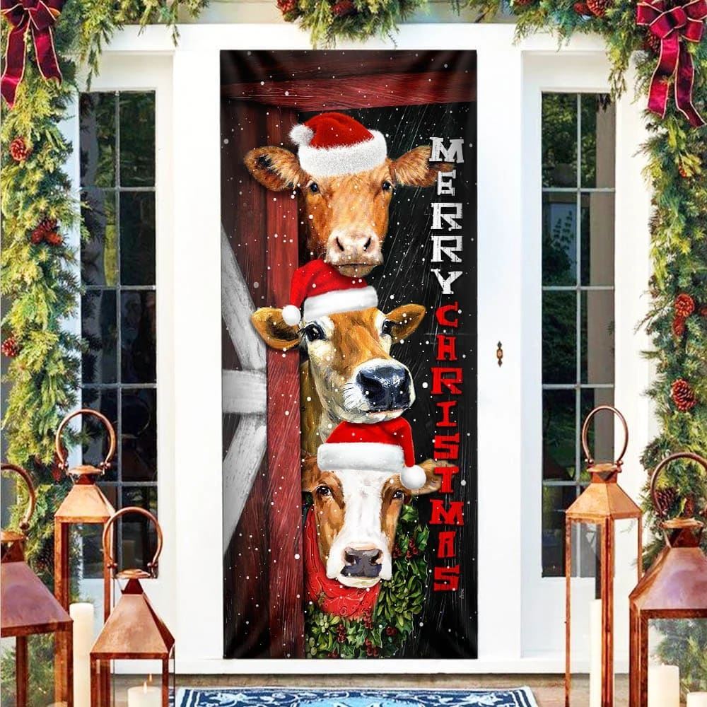 Cattle Cow Merry Christmas Door Cover, Front Door Christmas Cover