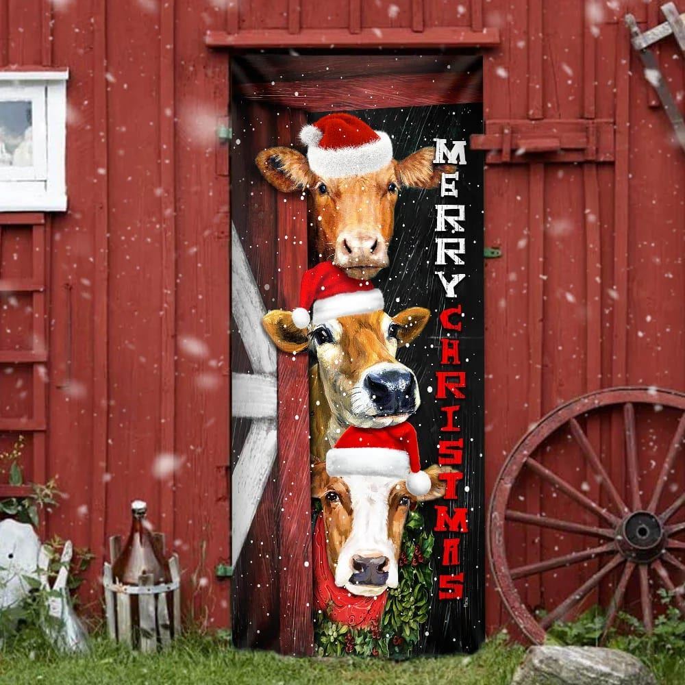 Cattle Cow Merry Christmas Door Cover, Front Door Christmas Cover