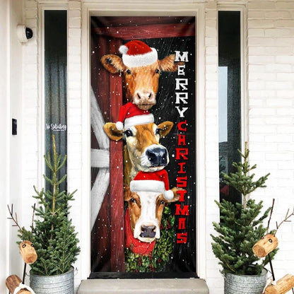 Cattle Cow Merry Christmas Door Cover, Front Door Christmas Cover