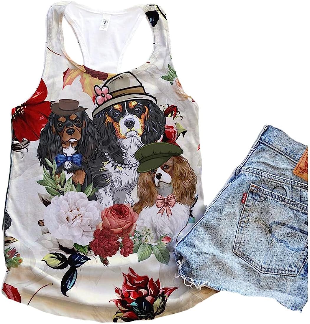 Cavalier King Charles Spaniel Dog Flower Autumn Tank Top - Summer Casual Tank Tops For Women - Gift For Young Adults