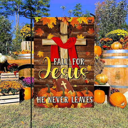 Christian Flag, Christian Fall For Jesus He Never Leaves Thanksgiving Halloween Pumpkins Fall Flag, The Christian Flag, Jesus Christ Flag