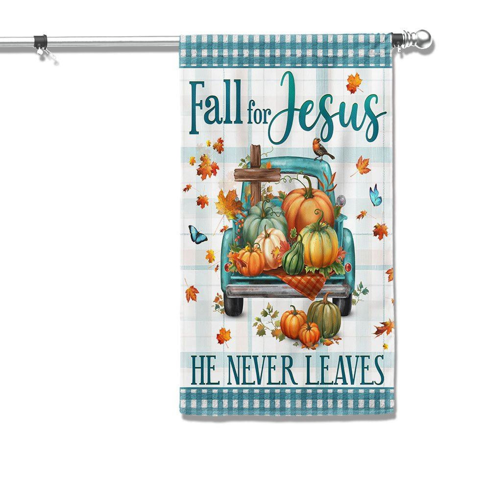 Christian Flag, Fall Flag Fall For Jesus He Never Leaves Pumpkins Truck Thanksgiving Halloween Flag, The Christian Flag, Jesus Christ Flag